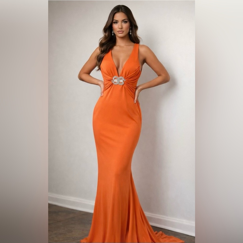 Mary L Couture Orange Floor Length Ruched Formal Evening Gown Size 10